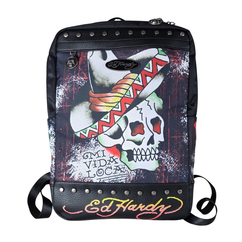 Ed Hardy Backpack Skull Mi Vida Loca Studded Tattoo Art Black Large Y2K, Grunge